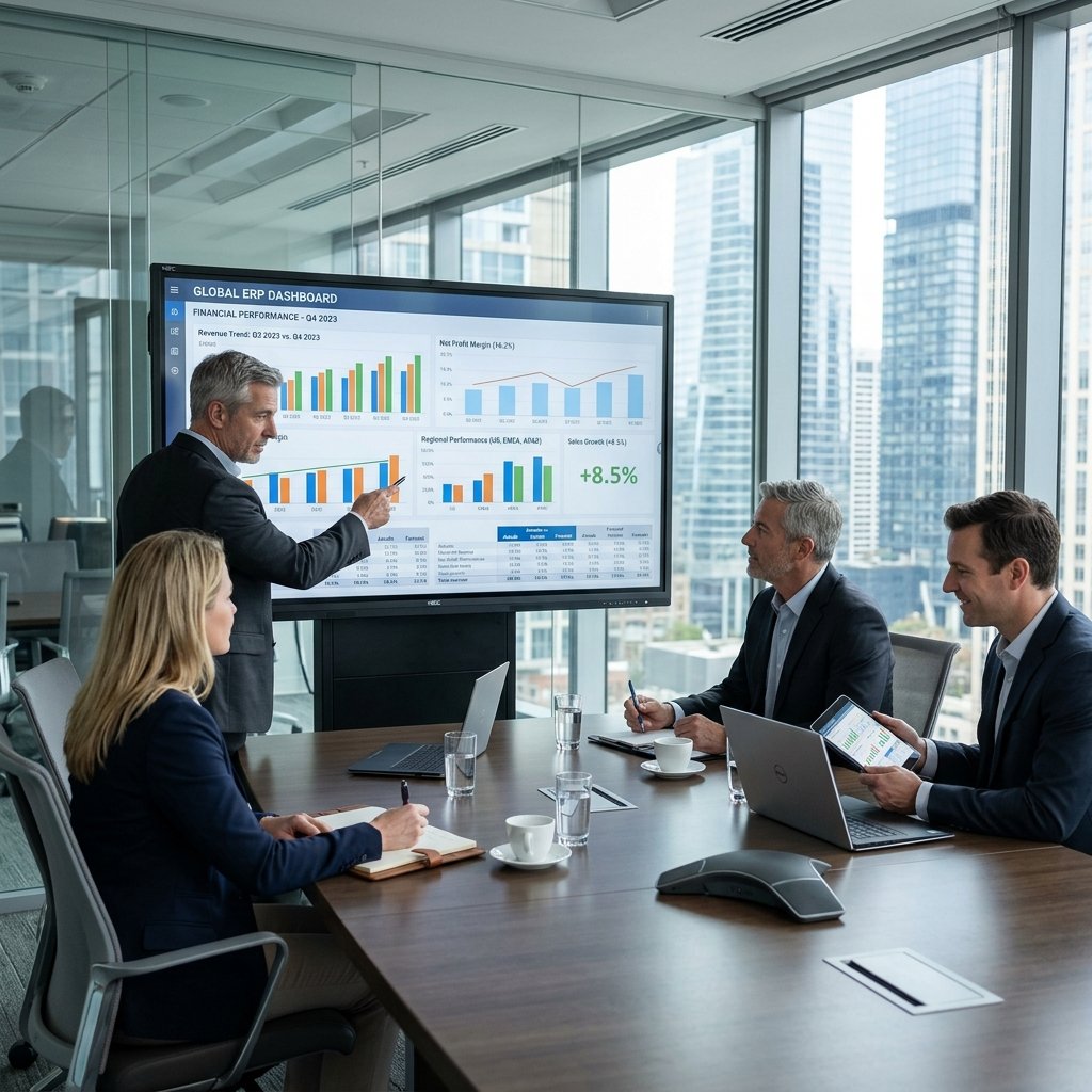 Ejecutivos analizando dashboard ERP empresarial en reunión