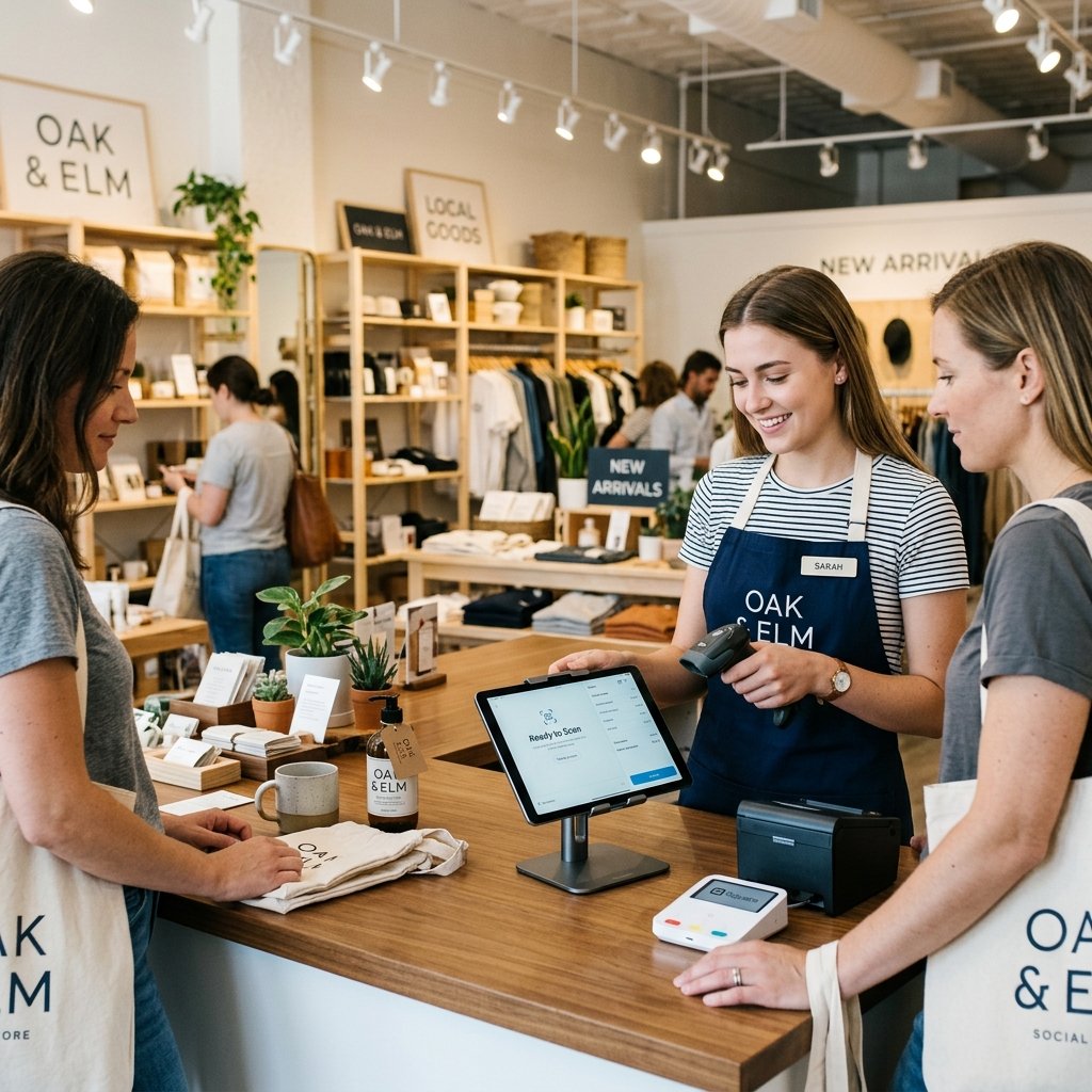 Cajero utilizando sistema POS tablet en minimarket